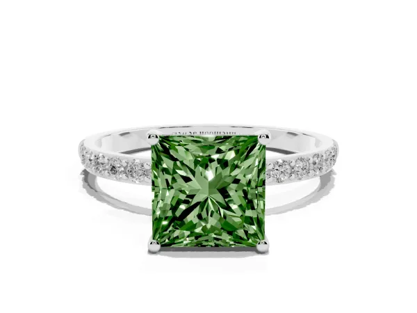 Fancy Green Princess Cut Diamond Solitaire Ring with Round Pavé Shoulders and Prong Setting White gold