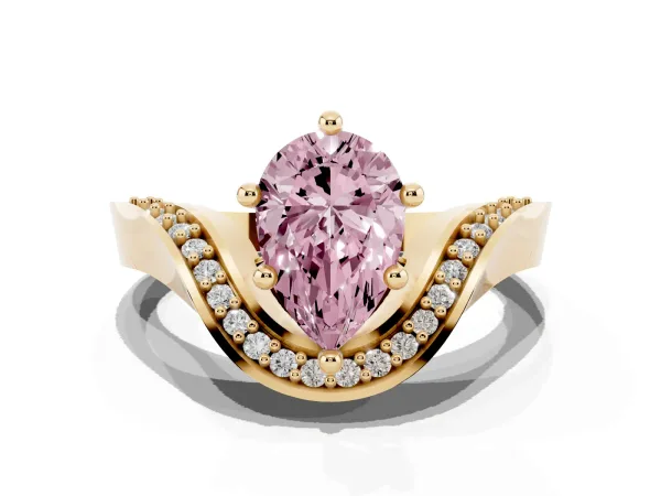 Fancy Pink Pear Cut Solitaire Diamond Engagement Ring with Pave Band and Four-Prong Setting Yellow gold