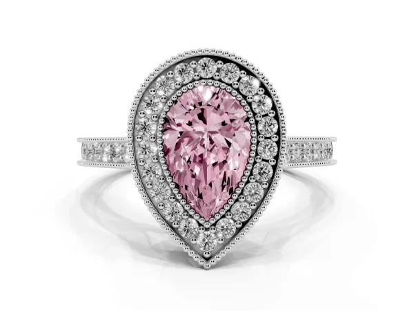 Fancy Pink Halo Pear Cut-Cut Diamond Pave Band Milgrain Prong Setting Ring Platinum
