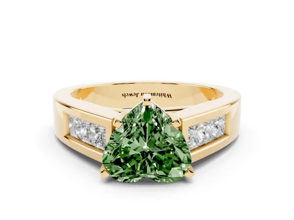 Fancy Green Heart Cut Cut Channel Set Solitaire Ring with Four-Prong Setting Yellow gold