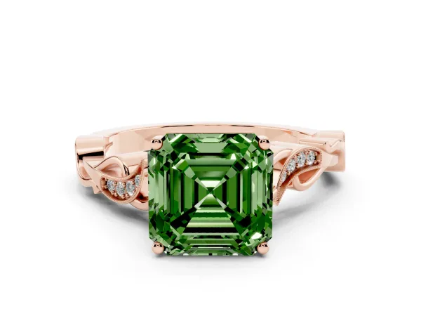 Fancy Green Asscher Cut Solitaire Vine Band with Milgrain Prong Setting Rose gold