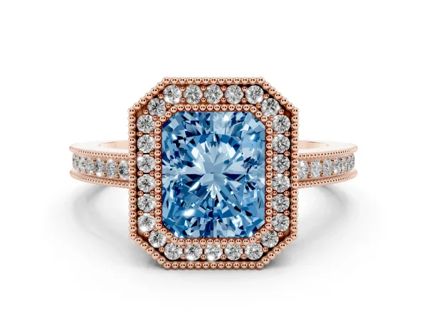 Fancy Blue Radiant Cut Cut Halo Diamond Ring with Pavé Band and Milgrain Prong Setting Rose gold