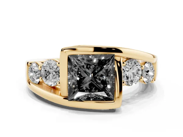 Fancy Black Bezel Set Princess Cut Diamond Bypass Ring with Round Accents Yellow gold