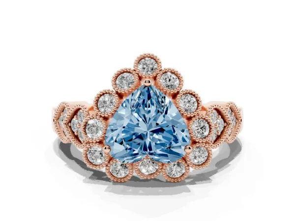 Fancy Blue Heart Cut Brilliant Milgrain Pave Heart Band Solitaire Ring Rose gold