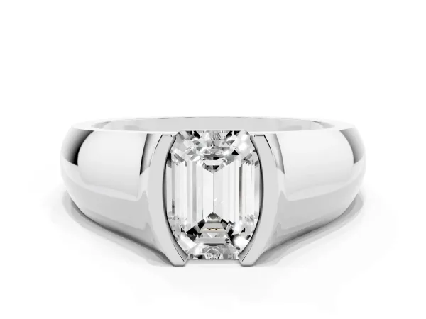 Emerald Cut Solitaire Bezel Set Diamond Ring with Wide Band White gold