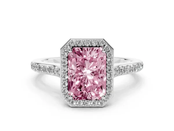 Fancy Pink Radiant Cut Diamond Halo Engagement Ring with Round Pavé Shoulders and Prong Setting White gold