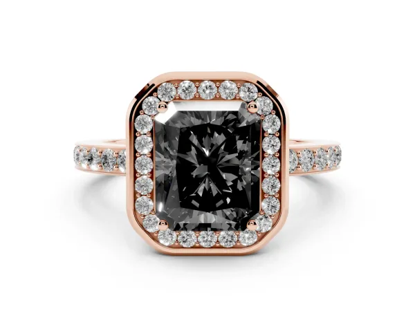 Fancy Black Radiant Cut Diamond Halo Ring with Bezel Frame and Pavé Band Rose gold