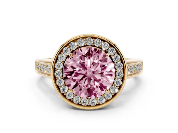 Fancy Pink Round Cut Halo Solitaire Diamond Ring with Pave Band and Bezel Setting Yellow gold