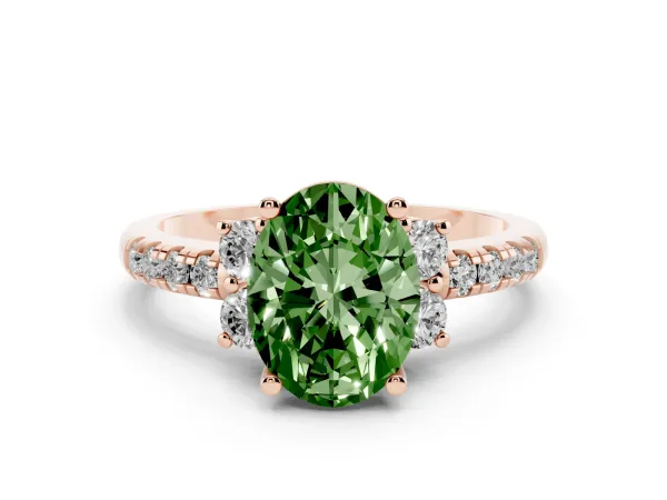 Fancy Green Oval Cut Diamond Three-Stone Pave Band with Four-Prong Setting Rose gold