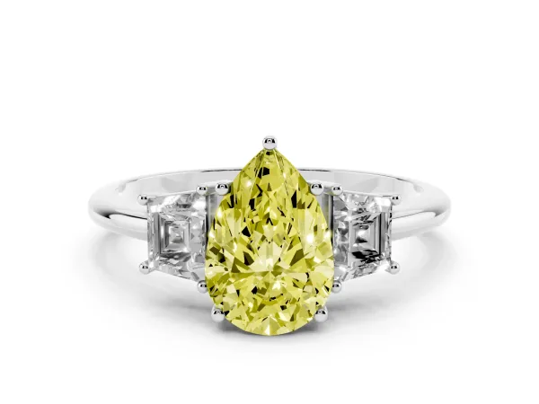 Fancy Yellow Pear Cut Diamond Three-Stone Ring with Trapezoid Side Stones and Prong Setting Platinum