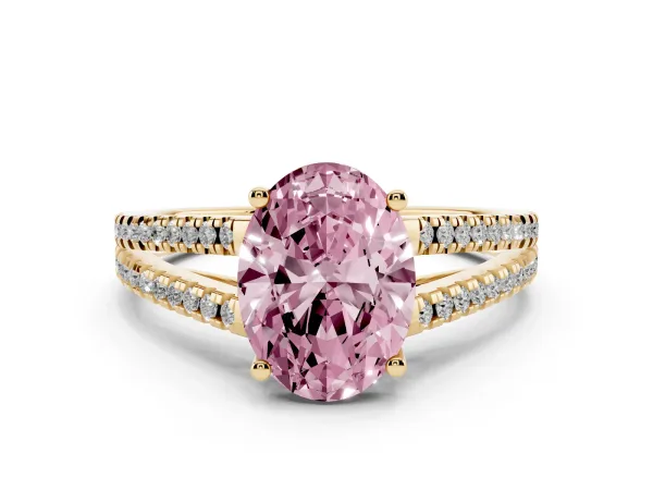 Fancy Pink Oval Cut Diamond Solitaire Engagement Ring with Split Shank Pavé Band Yellow gold