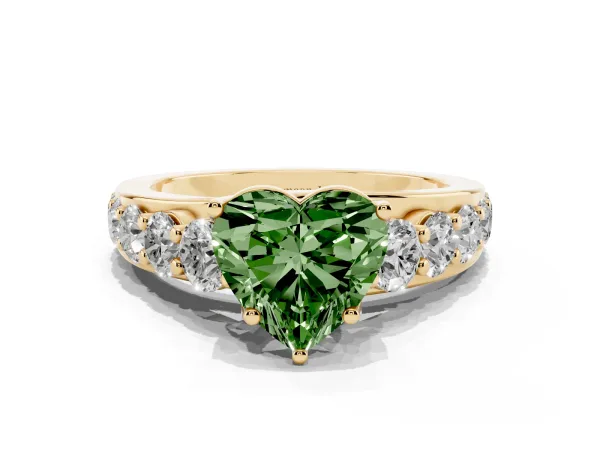 Fancy Green Heart Cut Diamond Engagement Ring with Pavé Band and Four-Prong Setting Yellow gold
