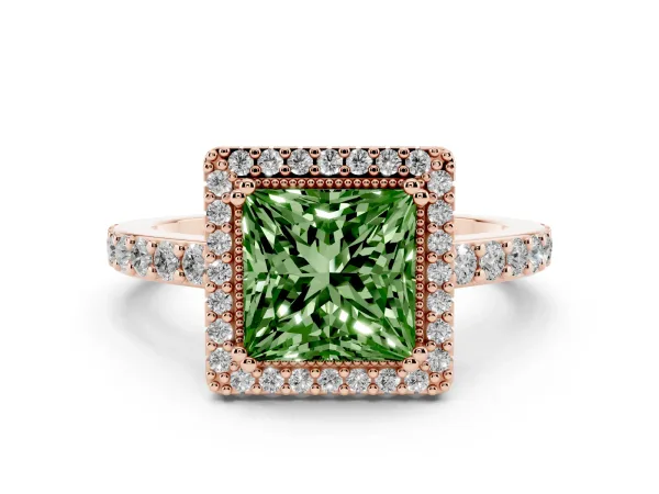Fancy Green Princess Cut Cut Diamond Halo Engagement Ring with Milgrain Detail and Pavé Band Rose gold