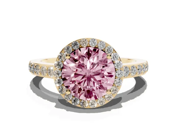 Fancy Pink Round Cut Halo Diamond Pavé Band Ring with Prong Setting Yellow gold