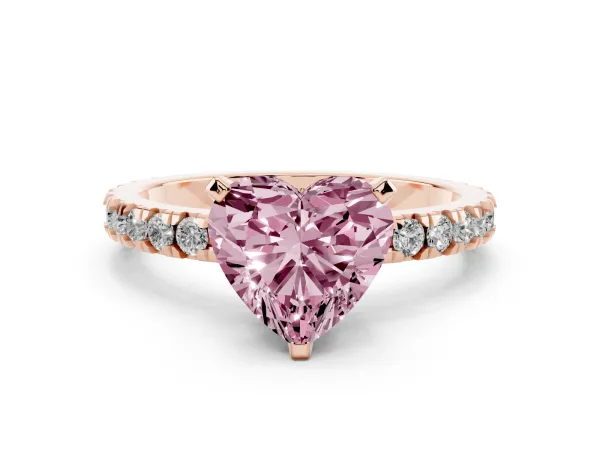 Fancy Pink Heart Cut Diamond Pavé Band Solitaire with Four-Prong Setting Rose gold