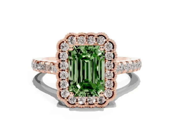 Fancy Green Emerald Cut Cut Diamond Milgrain Floral Halo Engagement Ring with Pavé Band Rose gold
