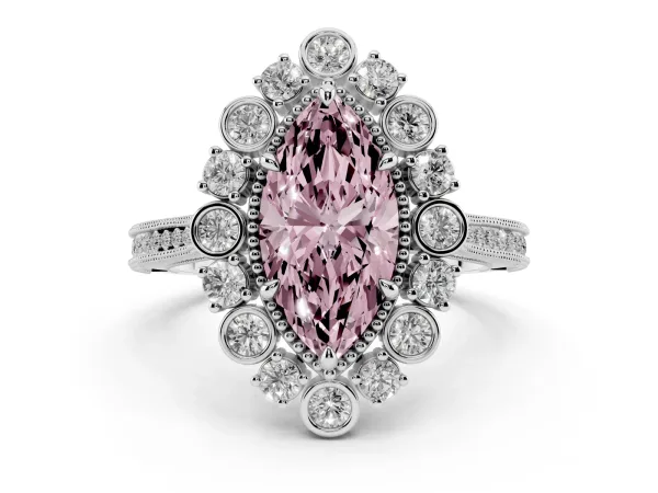 Fancy Pink Marquise Cut Halo Milgrain Pave Diamond Ring with Four-Prong Setting Platinum