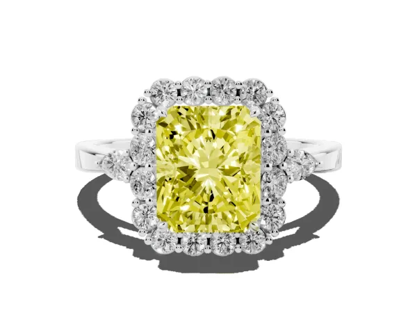 Fancy Yellow Radiant Cut Diamond Halo Ring with Pear Side Stones and Prong Setting Platinum
