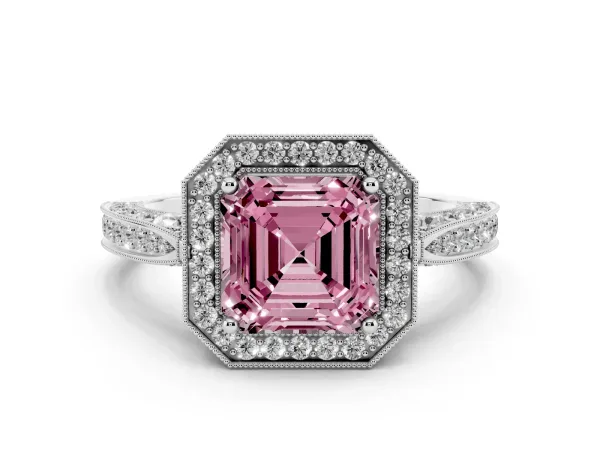 Fancy Pink Asscher Cut Halo Diamond Engagement Ring with Split Shank Band and Four-Prong Setting Platinum