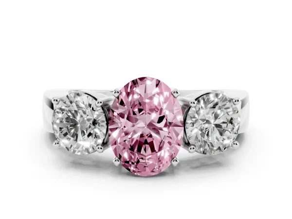 Fancy Pink Three-Stone Oval Cut Diamond Ring with Round Side Stones, Classic Band, and Four-Prong Setting White gold