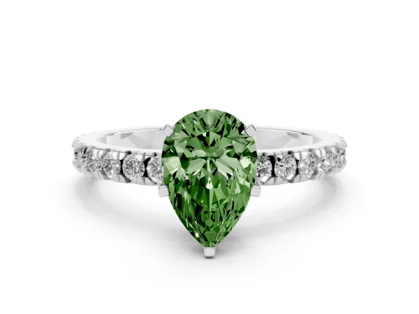 Fancy Green Pear Cut Diamond Pavé Band Solitaire with Four-Prong Setting White gold