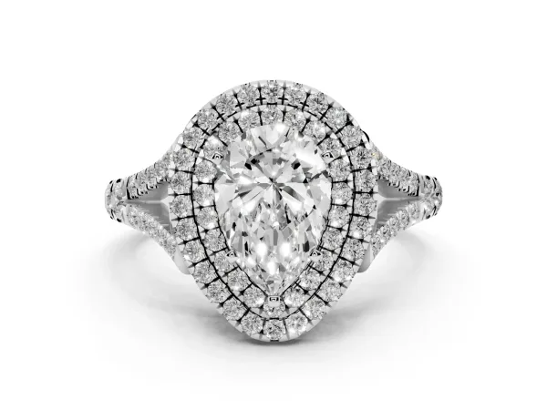 Pear Cut Cut Double Halo Split Shank Diamond Ring with Prong Setting Platinum
