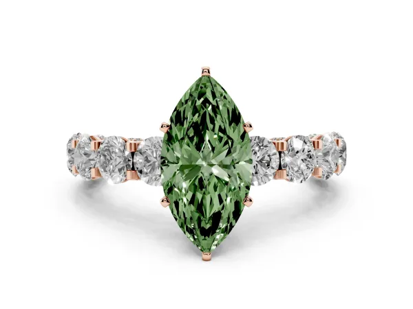 Fancy Green Marquise Cut Diamond Side Stone Engagement Ring with Four-Prong Setting Rose gold