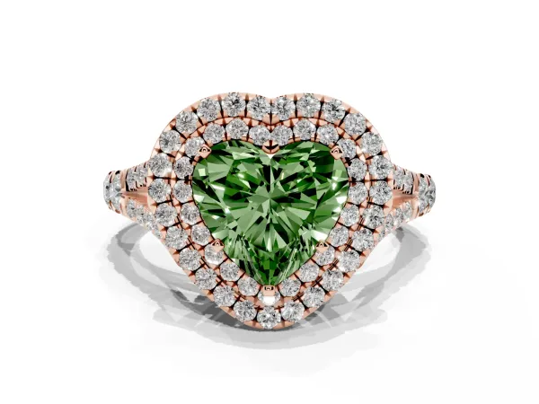Fancy Green Double Halo Heart Cut Diamond Split Shank Engagement Ring with Four-Prong Setting Rose gold