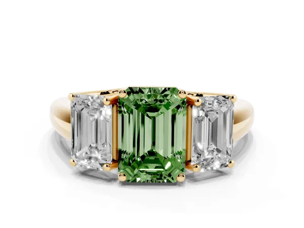 Fancy Green Three-Stone Emerald Cut Diamond Engagement Ring with Prong Setting Yellow gold