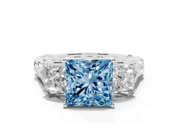 Fancy Blue Three-Stone Princess Cut Diamond Braided Band Ring with Four-Prong Setting Platinum