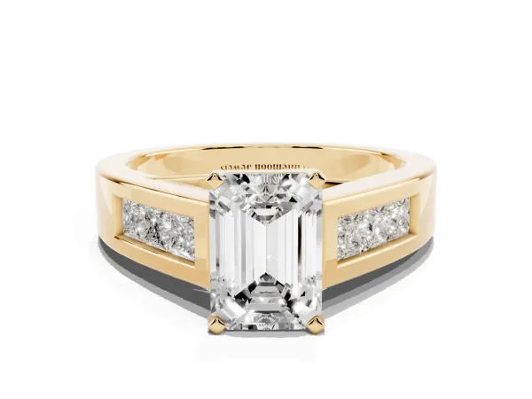Emerald Cut Cut Channel Set Solitaire Ring with Four-Prong Setting Yellow gold