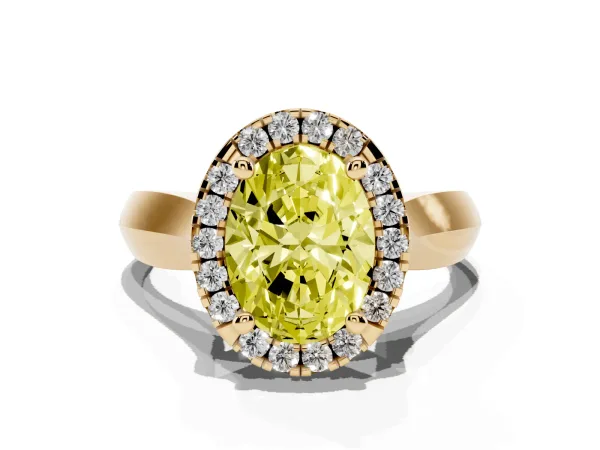 Fancy Yellow Oval Cut Cut Halo Solitaire Engagement Ring with Square Band and Four-Prong Setting Yellow gold