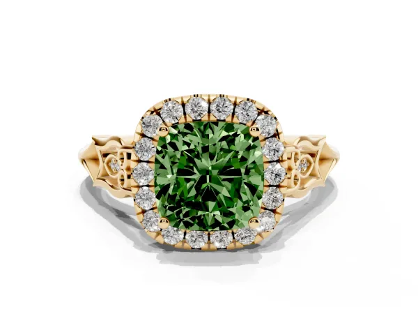 Fancy Green Cushion Cut Halo Diamond Engagement Ring with Filigree Band and Four-Prong Setting Yellow gold