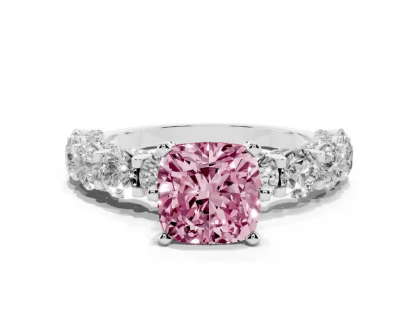 Fancy Pink Cushion Cut Diamond Side Stone Engagement Ring with Four-Prong Setting Platinum