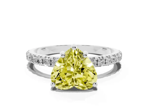 Fancy Yellow Heart Cut Cut Diamond Solitaire Ring with Micro Pave Band and Four Prong Setting White gold