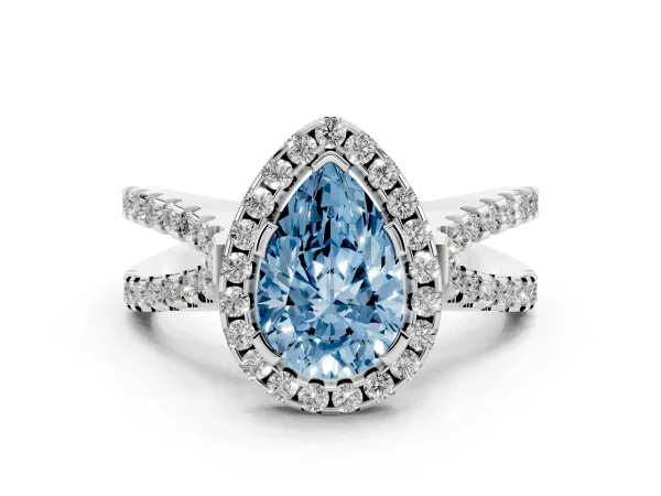 Fancy Blue Pear Cut Diamond Halo Ring with Split Shank Pavé Band and Prong Setting White gold