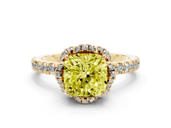 Fancy Yellow Cushion Cut Halo Diamond Pave Band Ring with Four-Prong Setting Yellow gold