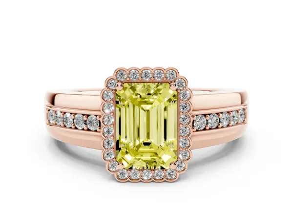 Fancy Yellow Emerald Cut Cut Halo Pave Band Four-Prong Ring Rose gold