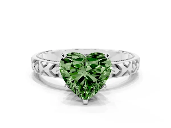 Fancy Green Heart Cut Solitaire Diamond Engagement Ring with XO Engraved Band and Four-Prong Setting White gold