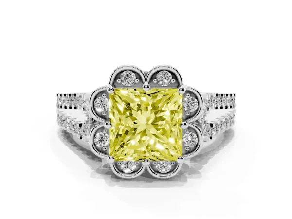 Fancy Yellow Princess Cut Halo Diamond Floral Split Shank Engagement Ring Platinum