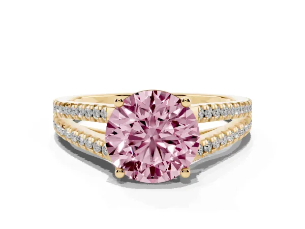 Fancy Pink Round Cut Diamond Solitaire Engagement Ring with Split Shank Pavé Band Yellow gold