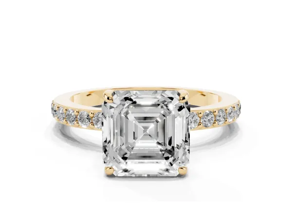 Asscher Cut Diamond Solitaire Engagement Ring with Pavé Band and Four-Prong Setting Yellow gold