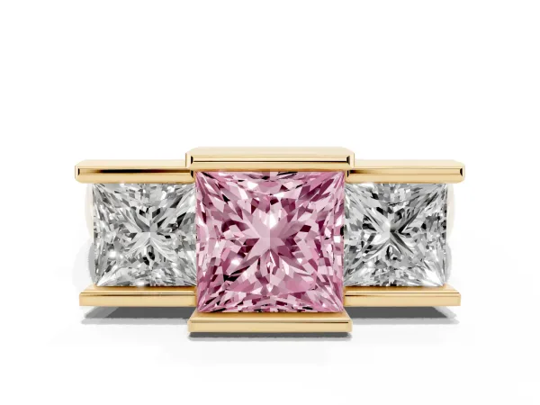 Fancy Pink Three Stone Princess Cut Cut Channel Set Diamond Ring Yellow gold