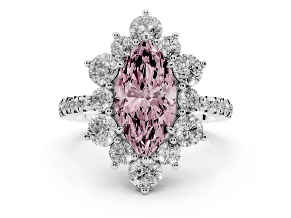 Fancy Pink Marquise Cut Diamond Floral Halo Ring with Round Pavé Band and Prong Setting Platinum