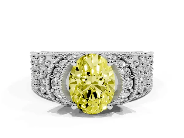 Fancy Yellow Oval Cut Halo Pave Diamond Engagement Ring with Milgrain Detailing White gold