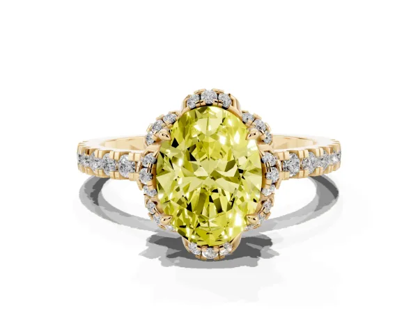 Fancy Yellow Oval Cut Halo Diamond Pave Band Ring with Four-Prong Setting Yellow gold