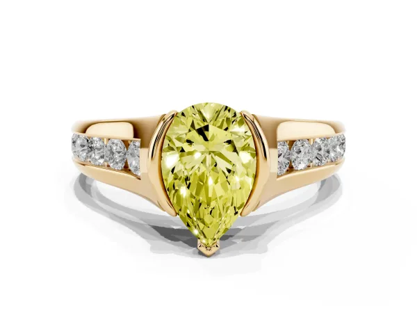 Fancy Yellow Pear Cut Solitaire Bezel-Set Diamond Ring with Channel-Set Band Yellow gold