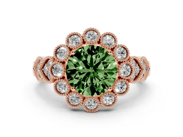 Fancy Green Round Cut Brilliant Milgrain Pave Heart Band Solitaire Ring Rose gold