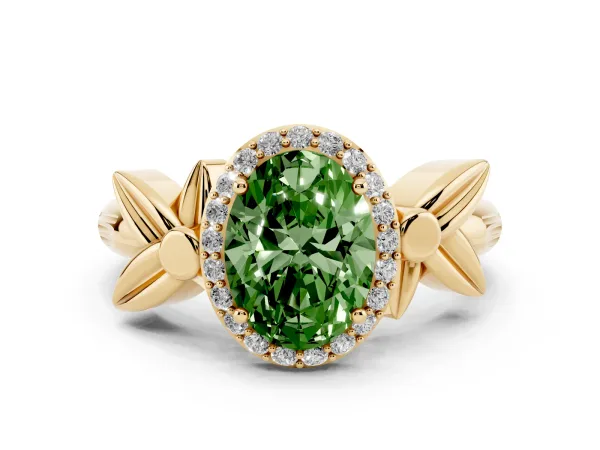 Fancy Green Oval Cut Halo Diamond Floral Band with Four-Prong Setting Yellow gold