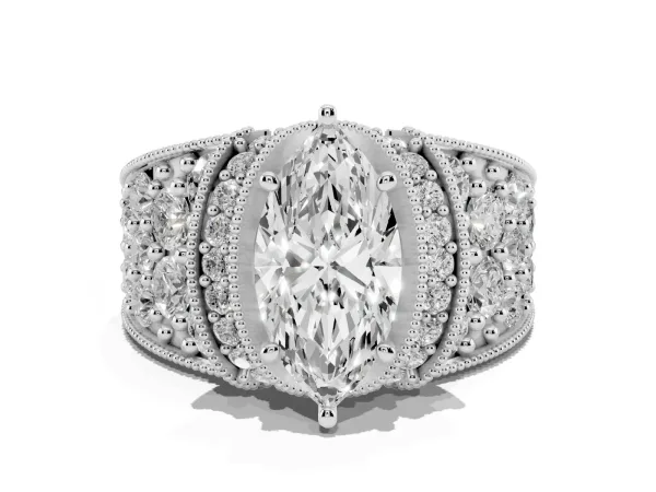 Marquise Cut Halo Pave Diamond Engagement Ring with Milgrain Detailing White gold